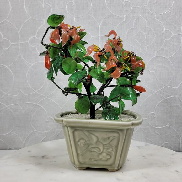VTG Glass Faux Jade Bonsai Tree 9" Green Coral Handcrafted Art Ceramic Pot - Picture 1 of 16